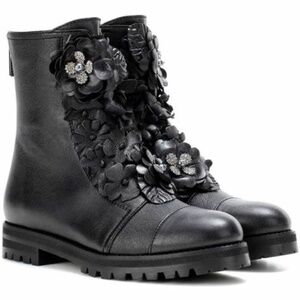 Jimmy Choo Havana Floral Combat Boots with Crystals - Black Leather Size 37 / 7